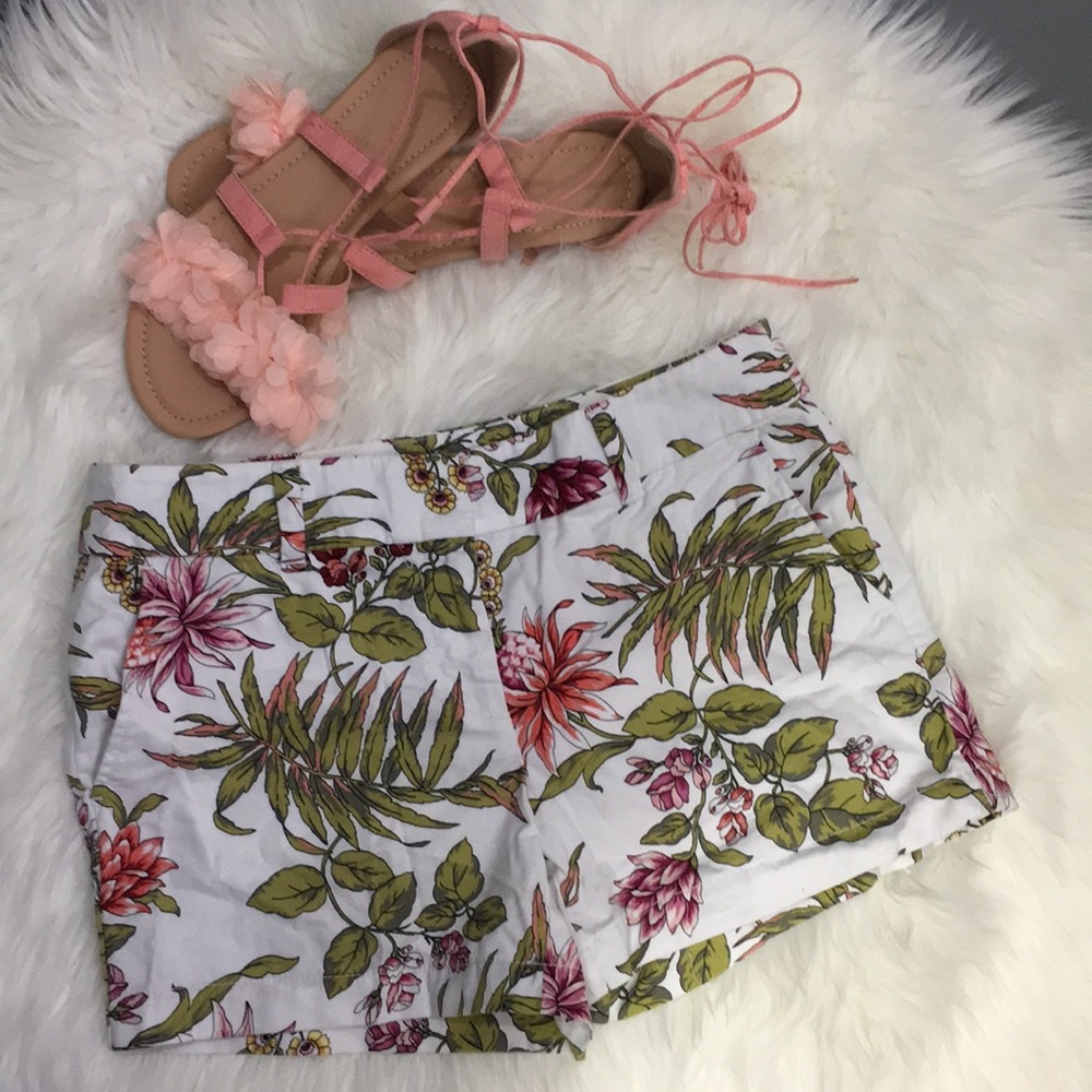 LOFT White Floral Cotton Blend Shorts